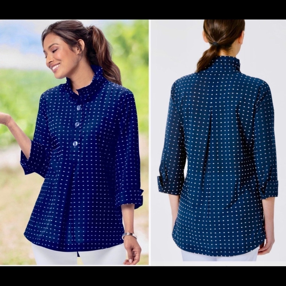 APPLESEED’S CLIP-DOT TUNIC Navy Polka Dot Half Button-Up Shirt